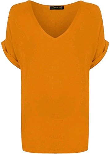 New Ladies Women V Neck Turn Up Short Sleeve Baggy T-Shirt Top Plus Size UK 8-26