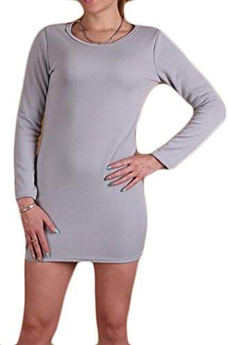 Macondoo Wimens Slim Long Sleeve Winter Fleece Crewneck Simple Solid Dress Light Gray S