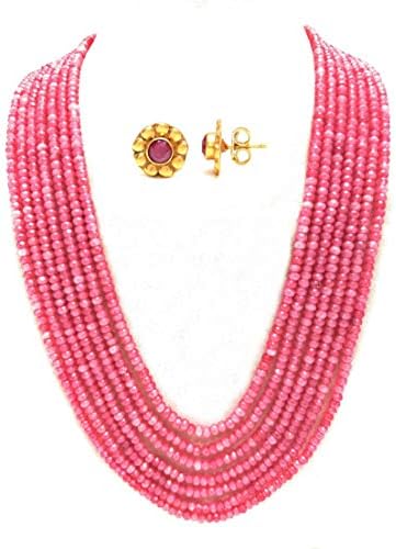 Taruna Biyani Multi Layered Semi Precious Gemstone Beaded Necklace Mala for Women with PURE 92.5 STERLING SILVER Floral Stud Earrings (22K Gold Plated) & PURE 92.5 STERLING SILVER (22K Gold Plated) Allergy Free Lock