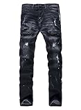 Men's Black Straigth Jeans with Destroyed Broken hole Zipper-deco