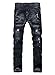 Men's Black Straigth Jeans with Destroyed Broken hole Zipper-deco