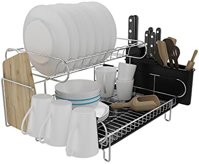 PaPafix Professional Dish Rack 304 Stainless Steel Microfiber Mat Modern Design Large Capacity 2-Tiered Steel Rust Proof Dish Drying Rack, Removable Drying Tray Cutlery Holder (Black)