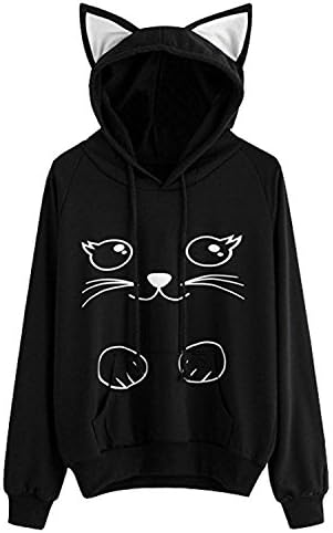 Misscat Women Black Hoodie 2 Cat Ear Printing Kangaroos Pockets Pullover M