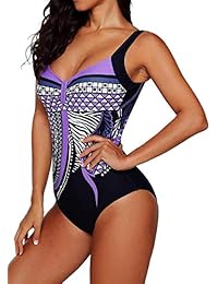 Tiksawon Traje de baño retro para dama, estampado vintage, traje de baño con control de barriga, traje de baño push up de una pieza