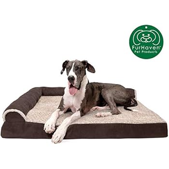 Furhaven Pet Dog Bed | Deluxe Orthopedic Two-Tone Plush Faux Fur & Suede L Shaped Chaise Lounge Living Room Corner Couch Pet Bed w/ Removable Cover for Dogs & Cats, Espresso, Jumbo Plus