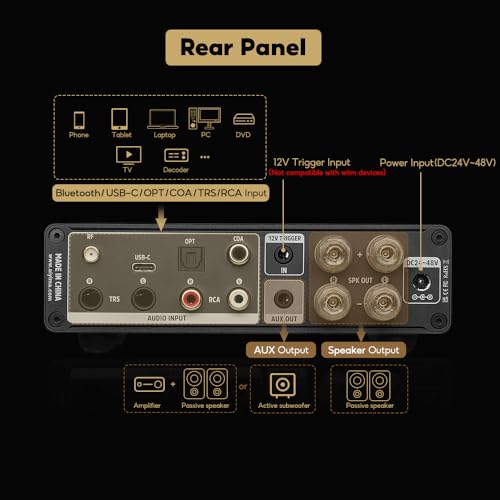 AIYIMA A80 Bluetooth Amplifier DAC Stereo HiFi Home Audio Receiver with PFFB 2.0 Channel Hi-Res Class D Power Amp with PC-USB Coaxial Optical TRS RCA Input
