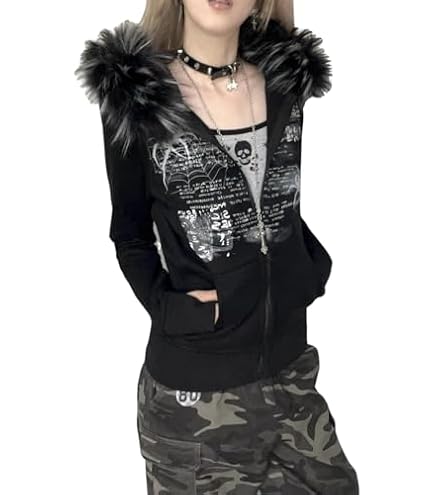 Y2k Hoodie Zip Up Fur Collar Retro Hooded Sweatshirt Grunge