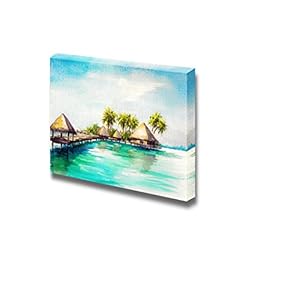 Canvas Prints Wall Art - Tropical Bungalows in Blue Sea in Watercolor Style | Modern Wall Decor/Home Decoration Stretched Gallery Canvas Wrap Giclee Print & Ready to Hang - 12" x 18"