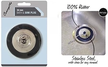 CONCEPT4U® 50mm Black and Silver Rubber Plug with Chain Bath Sink Kitchen Bathroom