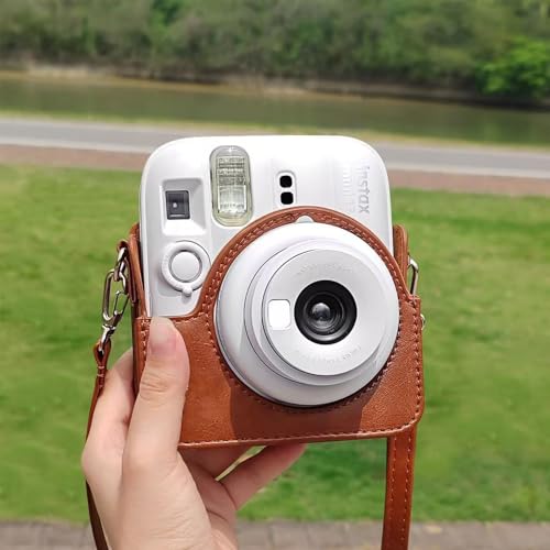 Estojo Protetor Para Câmera Phetium Instant Mini 12 Compatível com Instax Mini 12 11, Bolsa de Couro PU com Bolso e Alça de Ombro Ajustável (Marrom)