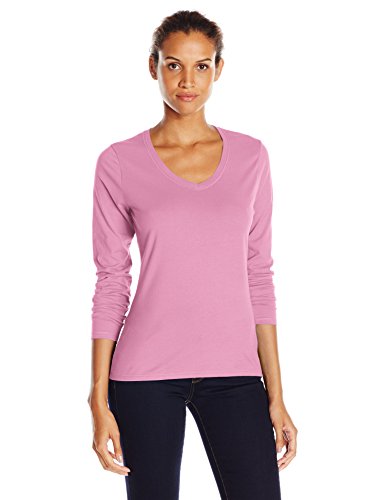 Hanes Women's V-Neck Long Sleeve Tee, Pink Swish, Medium