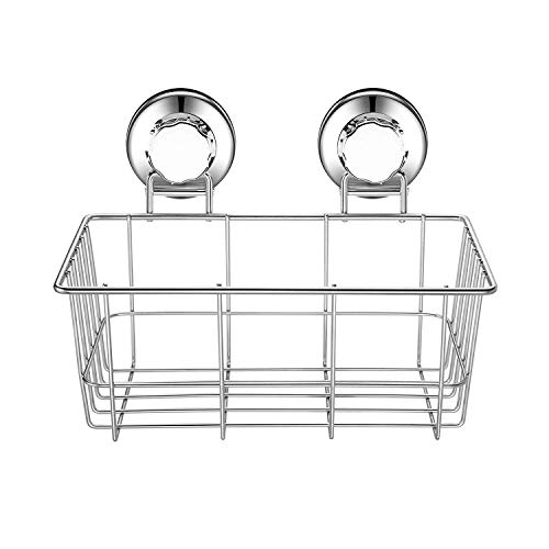 Slideep Vacuum Suction Cups Shower Caddy, Bathroom Storage Basket, Deep Bath Shampoo Conditioner Sponge Holder, Kitchen Storage Organizer, Stainless Steel Shelf
