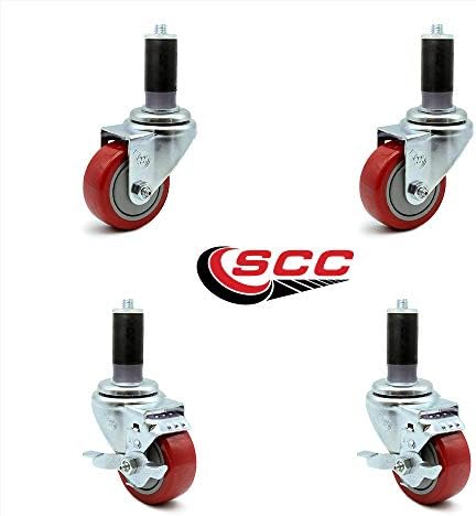 Service Caster - 3.5” x 1.25" Red Polyurethane Wheels Caster Set of 4-2 Swivel Casters w/Brake w/1-1/4" Expanding Stem/2 Swivel