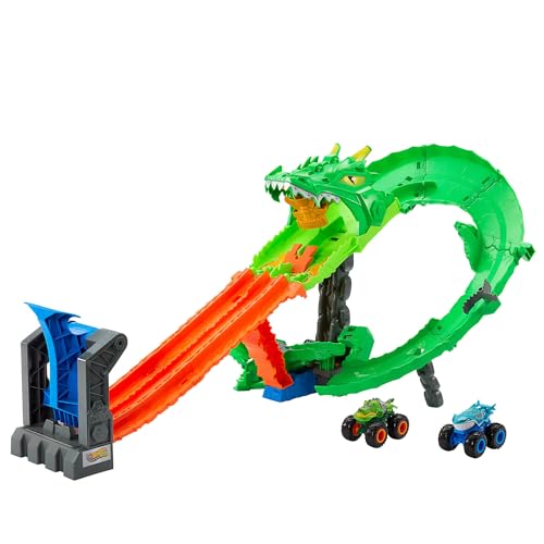 Hot Wheels Spielzeug Monster Trucks, Sharks vs. Dinos Drachenzerstörungs-Spielset mit riesigem Great Bite und Rageasaur im Maßstab 1:64, Rennspaß, um den Cyborg-Feind zu besiegen, JGB06