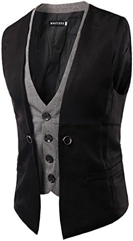 Jwhui Two Pieces Mens Double Breasted Waistcoat Slim Fit Mens Suit Vest Size M-2XL Black XXL