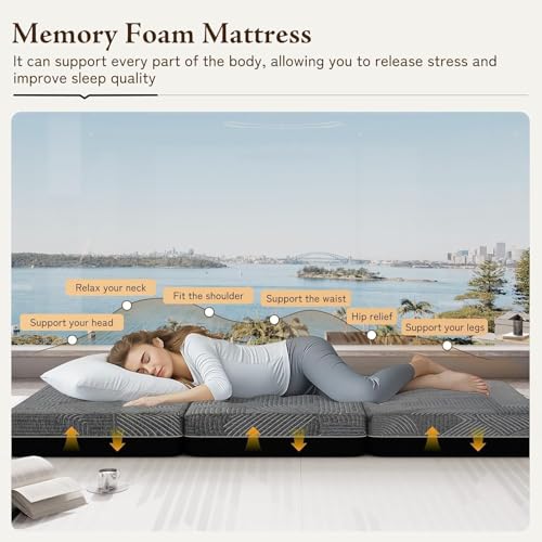 GEMBED Tri Folding Mattress Queen Size - Memory Foam Tri-fold Handle & Non-Slip Bottom, Portable Foldable Sofa Bed Floor Chair for Travel RV Camping Guest Yoga - 6 Inch, 78"x58"x6"