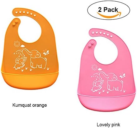 Waterproof Silicone Baby Bids Comfortable Ultra-soft Feeding Bids for Boys&amp;Girls! Easily Wipes Clean Keep Stains Off! Set of 2 Colors (Small&amp;Regular, Pink+Orange)