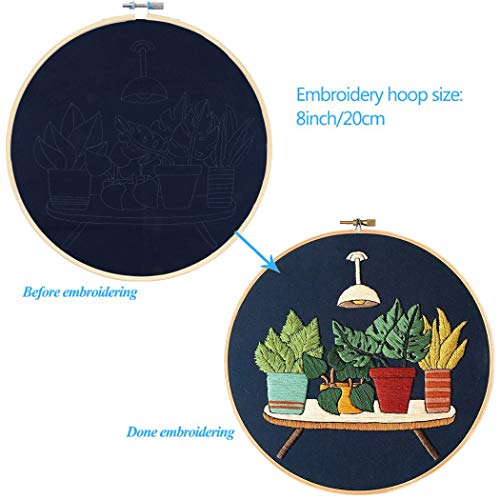 Embroidery Starter Kit with Pattern, Mikimiqi Full Range of Stamped Embroidery Kit Including Embroidery Cloth with Floral Pattern, Bamboo Embroidery Hoop, Color Threads and Tools Kit (Night Plant) - Thumbnail 2