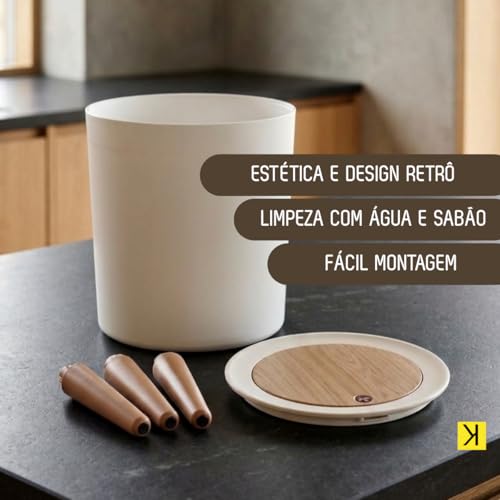 Lixeira Retrô De Plástico Resistente Com Tampa Click Pés Estilo Madeira 8L Branca Para Diversos Ambientes