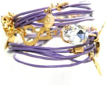 Frost© Gold -Tone Beaded Multistrand Flex Bracelet, Love Bracelet 3 strand leather Bracelet, Bracelet set with Diamante cubic zirconia Czech Crystals- and silver gold plated leaves charms 7"-8 Inches long ,purple shamballa cord