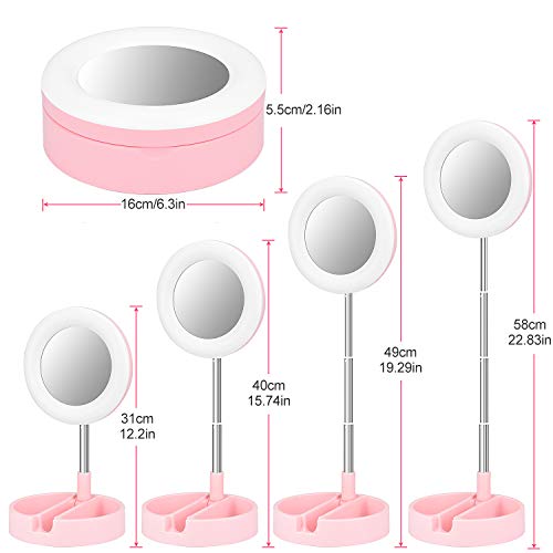 KINGOAL 6.3 inch Foldable Ring Light with Tripod Stand and Phone Holder, Portable Makeup Dimmable Ring Lights with Mirror, 3 Light Modes for Live Stream, Make-Up, YouTube, Tiktok (Pink)