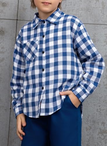 BLIBEAN TEEN GIRL’S FALL LONG SLEEVE PLAID SHIRTS BUTTON DOWN BLOUSES BIG KIDS WESTERN COWGIRL TOPS AGE 6T-7T (SIZE 6 7 YEAR) BLUE