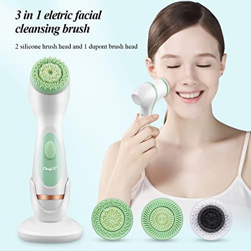 CkeyiN Facial Cleansing Brush, 3 In 1 Waterproof Face Wash Brush, USB Rechargeable Spin Silicone Facial Brush with 3 Different Brush Heads for Deep Cleaning, Massaging, Exfoliating