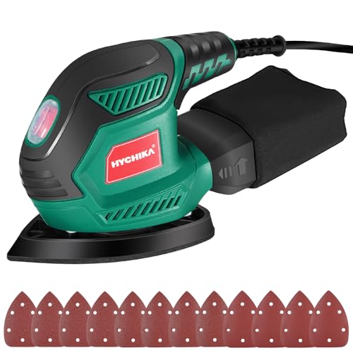 HYCHIKA Wood Sander, 200W Mouse Sander, 14000RPM with Dust Collection, 12pcs Sanding Cards (240/120/80 Grains, for Multiple Angles, Wood, Metal, Electric Cable