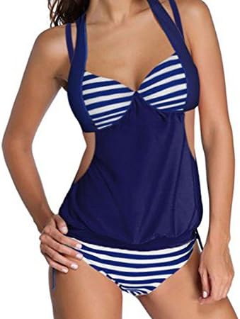 YFFaye Women's 2pcs Solid Navy Splice Striped Halter Tankini Swimsuit M
