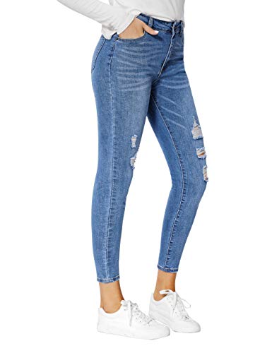 YUANRANER Womens Ripped Skinny Jeans High Waist Fashion Distressed Jeans Stretchy Denim Pants with Hole Lightblue-S
