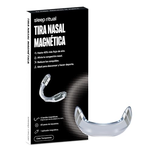 Sleep Ritual Tira Nasal Magnética Reutilizable. Dilatador Nasal para Dormir, Respirar Mejor y Deporte. Anti Ronquidos. Nasal Strips. Incluye 4 Tiras, 60 Adhesivos de Repuesto y Aplicador