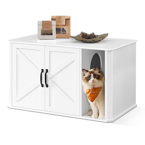 Feandrea Cat Litter Box Enclosure, Hidden Litter Box Furniture, with Front Entry, Double Doors, Handles, Cat House, End Side Table, Modern, 85 x 48.5 x 50 cm, Cloud White PCL012W01