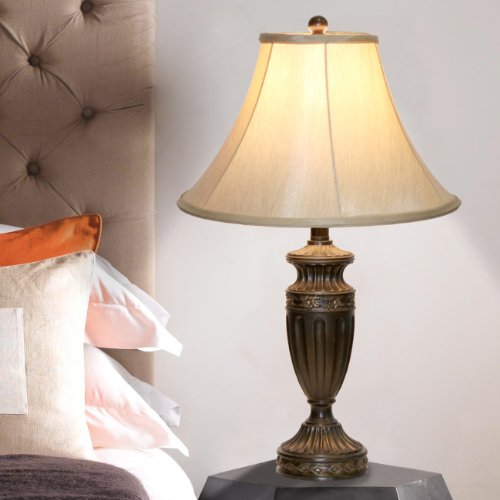 Home Source Industries LMP108 Home Source Mattie Table Beige Linen Bell Lamp Shade, Bronze Intricate Base - Thumbnail 2