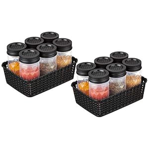 Amazon Brand – Solimo Airtight Plastic Jar, Set of 6 (Geometric Pattern) with Woven Basket Holder, Set of 2 (Black)