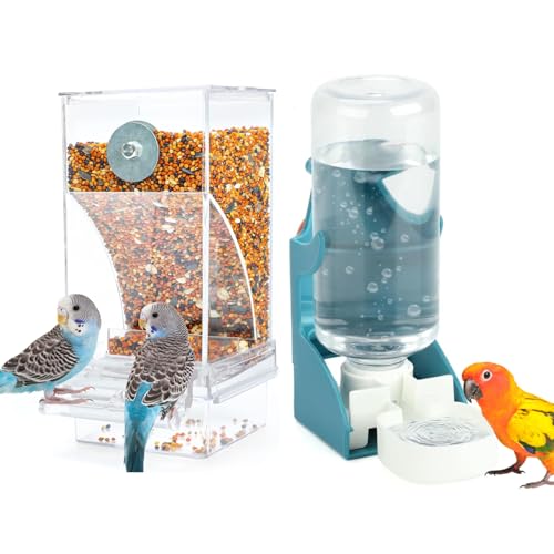 SUSOO Bird Feeder and Water Dispenser Set, Leak-Proof Acrylic Automatic Seed Feeding Container, Hydration Drinker for Parrot, Parakeets,Budgies, Cockatiels,Canaries,and Lovebirds Cage Accessories