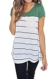 Jeanewpole1 Womens Short Sleeve Striped Tunic Tops Color Block Round Neck Raglan Baseball Tee Shirts Green