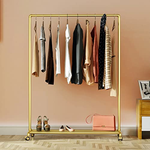 Gold Pipe Clothing Racks on Wheels Garment Rack with Bottom Shelf Heavy Duty Clothes Rack Hanging Rack Closet Organizer for Bedroom,Retail(Gold)