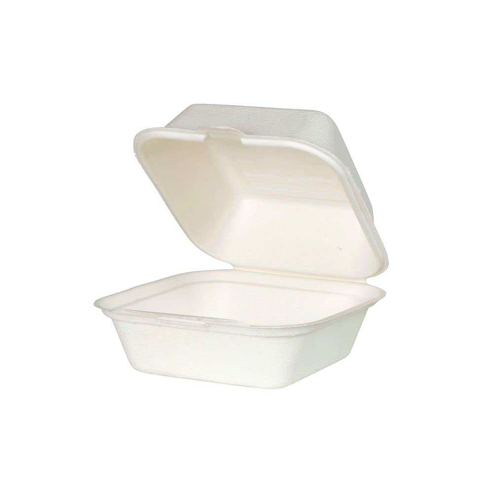 BIOZOYG Disposable Burger Box Take-Away Sugarcane Bowls Disposable Tableware Biodegradable I Bagasse Burger Box Compostable 500 ml Hinged Lid Box 14,3 x 15 cm I 50 Burger Clamshell Boxes square white