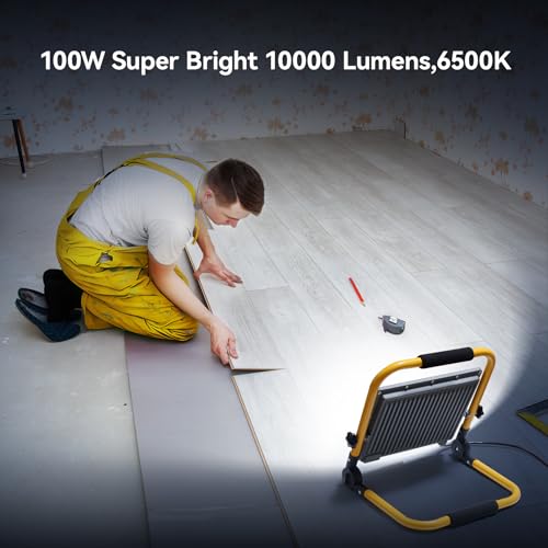 MEEKBOS 100W LED Work Light with Switch and 13.1 ft Cable, 10000LM Construction Light, 700W Equivalent 6500K Portable Working Lights with Stand, IP66 Waterproof Job Site Light for Construction Site