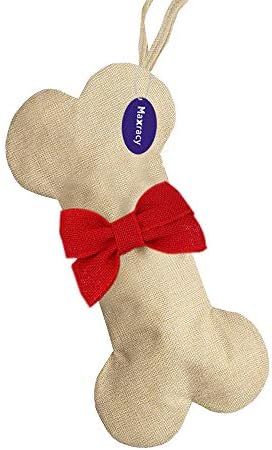 Maxracy Burlap Christmas Stockings Xmas Fireplace Hanging Bone Shape with Bowtie and Hanging Loop for Pet Dog Holiday Decoration Ornaments Make DIY Craft (Red Bowtie)