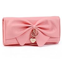 Damara Women Long Faux Leather Bifold Large Bow Design Wallet Handbag,Bright Pink