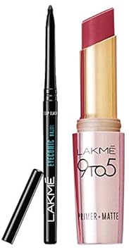 Lakme Eyeconic Kajal, Deep Black, 0.35g & Lakme 9 to 5 Primer with Matte Lip Color, MP7 Rosy Sunday, 3.6g