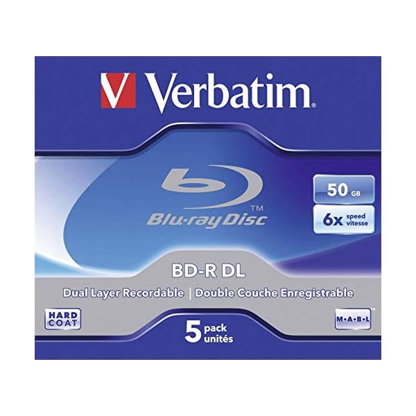 Verbatim BD-R Dual Layer Blu-ray Rohlinge 50 GB, Blu-ray-Disc mit 6-facher Schreibgeschwindigkeit, mit Kratzschutz, 5er-Pack Jewel Case, Blu-ray-Disks für Video- und Audiodateien