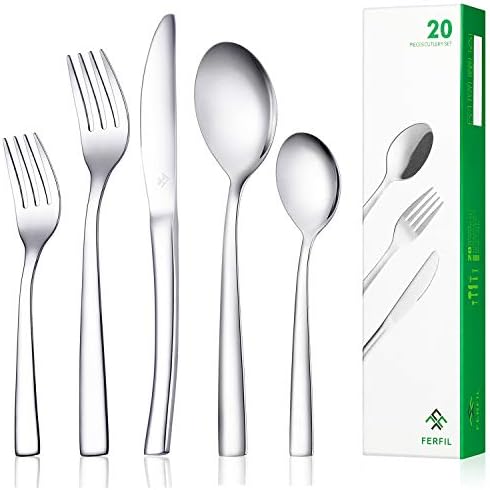 Ferfil Flatware Set, 20-Piece Cutlery / Silverware / Tableware Set Service for 4, Include Knife/Fork/Spoon, Mirror Polished, Dishwasher Safe