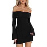 XXTAXN Womens Sexy Off Shoulder Long Bell Sleeve Mini Mesh Dress | A Line Cocktai Wedding Guest Party Elegant Vacation Homecoming