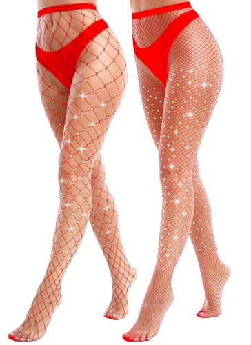 VEBZIN 2 Pack Sparkly Large And Medium Mesh Fishnet Tights For Women Glitter Rhinestone Fishnets Stockings