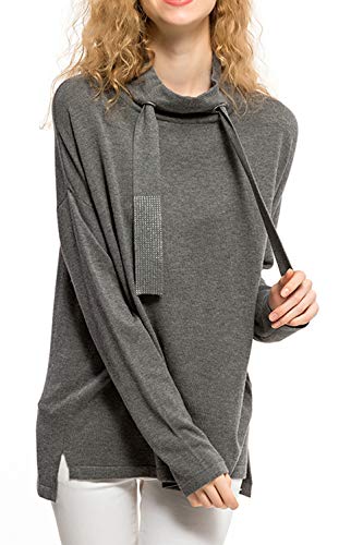 CIZITZZ Womens Sweaters Long Sleeve Casual Soft Knitted Sweaters Cowl Neck Tunic Loose Grey Blouse Knit Jumper