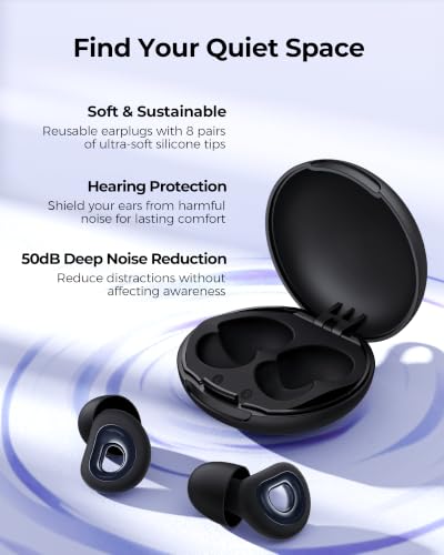 55dB Noise Reduction Ear Plugs for Sleeping, Reusable Noise Cancelling Earplugs for Snoring, Side Sleepers & Travel, Soft Silicone Hearing Protection for Concerts, Studying, Work, Airplane, 7 Ear Tips