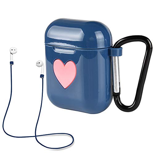 Exbeta Lovely Heart Logo Shock Proof Protective Case Compatible for Apple Airpods Soft Sleeve Dust Plug Cover Accessories Kits Wireless Headphone Box Case Anti-Lost Strap Keychain Hook (Darkblue)