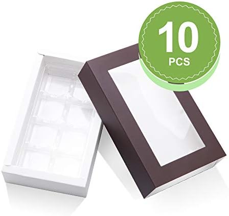 BAKIPACK Truffle Box, Chocolate Box Packaging, Candy Boxes with 8-Piece Plastics Tray（Tray Size with 5.75x2.75 Inches), Pull Out Packing with Clear Window Sleeves, Dark Brown 10 PCS